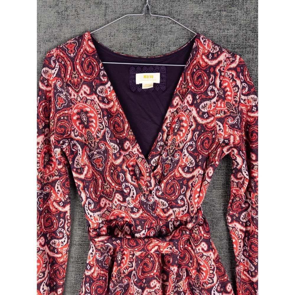 Maeve Anthropologie Dress Womens S V Neck Paisley Boho Belted Ruffle Short